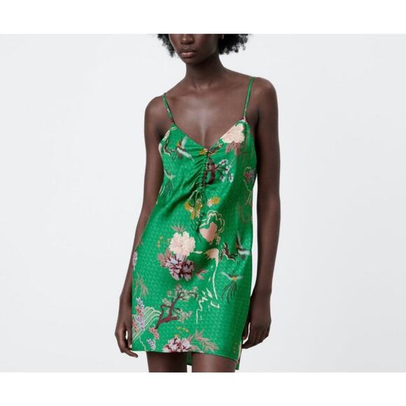 Zara Green Satin Effect Bird Print Slip Dress size Medium - Picture 2 of 8